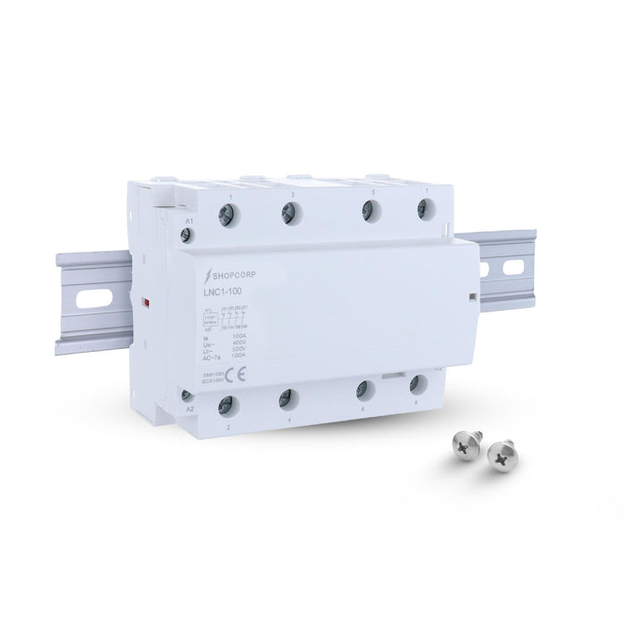 Shopcorp 100 Amp 4 Pole Normally Closed IEC 500V Contactor with DIN Rail and 2 Screws for HVAC, AC, Motor Load and Lighting - MAIN