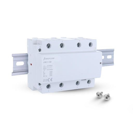 Shopcorp 100 Amp 4 Pole Normally Open IEC 500V Contactor with DIN Rail and 2 Screws for HVAC, AC, Motor Load and Lighting