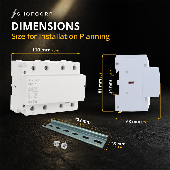 Shopcorp 100 Amp 4 Pole Normally Closed IEC 500V Contactor with DIN Rail and 2 Screws for HVAC, AC, Motor Load and Lighting - Dimensions
