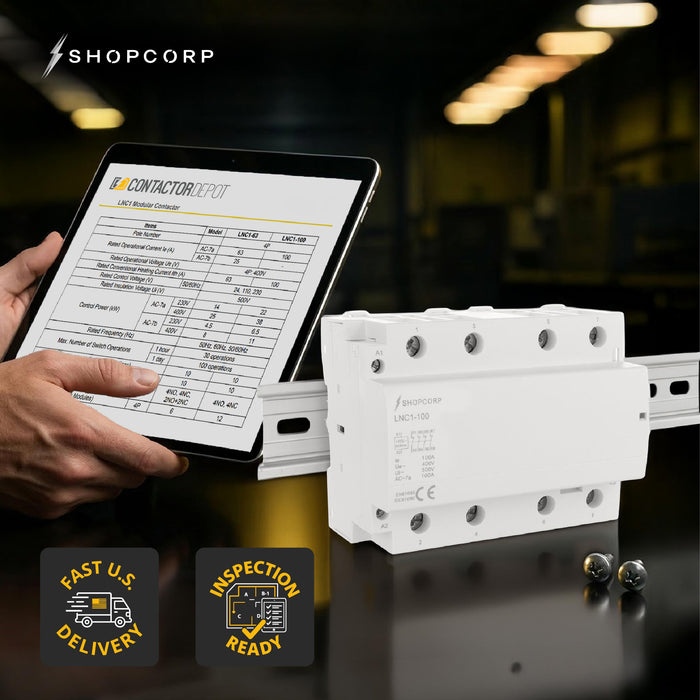 Shopcorp 100 Amp 4 Pole Normally Closed IEC 500V Contactor with DIN Rail and 2 Screws for HVAC, AC, Motor Load and Lighting - Technical Lifestyle