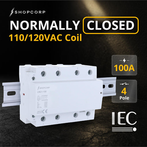 Shopcorp 100 Amp 4 Pole Normally Closed IEC 500V Contactor with DIN Rail and 2 Screws for HVAC, AC, Motor Load and Lighting - NC