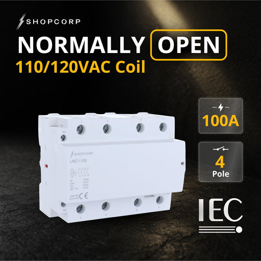 Shopcorp 100 Amp Contactor 4 Pole Normally Open 110/120VAC Coil - IEC 500V - HVAC, AC, Motor Load and Lighting Systems - NO