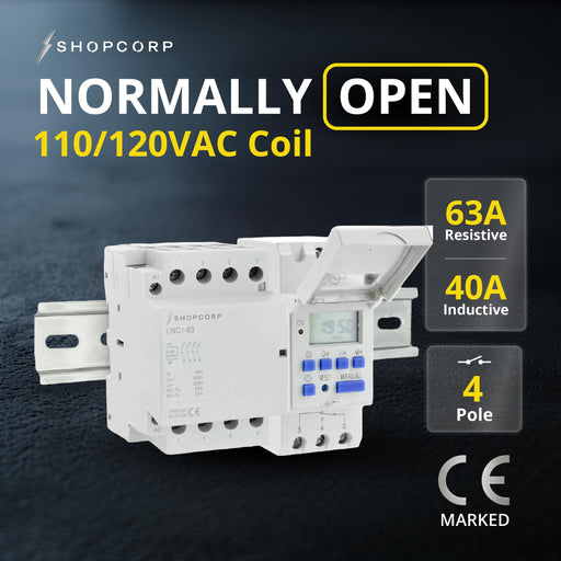 Shopcorp 40A 4 Pole NO Contactor - 110/120VAC Coil, with 24-7 Electronic Timer, DIN Rail and Screws for HVAC, AC, Motor Load and Lighting - NO