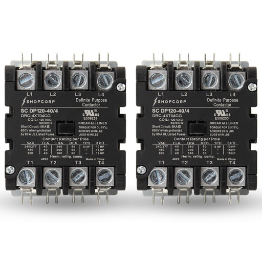 Shopcorp 40A 4 Pole 600V Definite Purpose, NO Contactor - 110/120VAC Coil for HVAC and Lighting - UL Certified - 2 pack