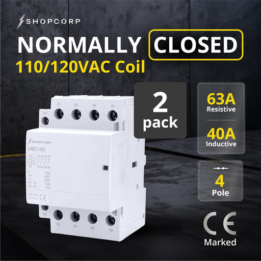 Shopcorp 60A 4 Pole Normally Closed Contactor - IEC 400V - 110/120VAC Coil | 2 Pack | for HVAC Systems, AC, Motor Load and Lighting 2 Pack