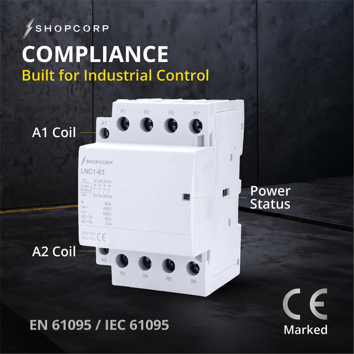 Shopcorp 60A 4 Pole NC Contactor - IEC 400V - 110/120VAC Coil for HVAC, AC, Motor and Lighting