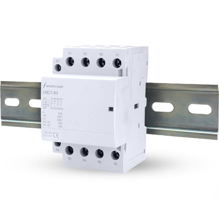 Shopcorp 40A 4 Pole Normally Closed Contactor IEC 400V - 110/120VAC Coil w/ DIN Rail for HVAC, AC, Motor Load & Lighting