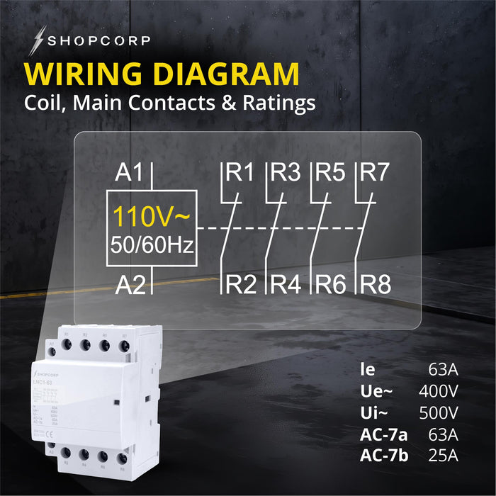 Shopcorp 40A 4 Pole Normally Closed Contactor IEC 400V - 110/120VAC Coil w/ DIN Rail for HVAC, AC, Motor Load & Lighting