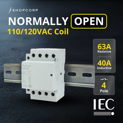 Shopcorp 63 Amp 4 Pole Normally Open Contactor - IEC 400V - 110/120VAC Coil for HVAC Systems, AC, Motor Load, & Lighting - NO