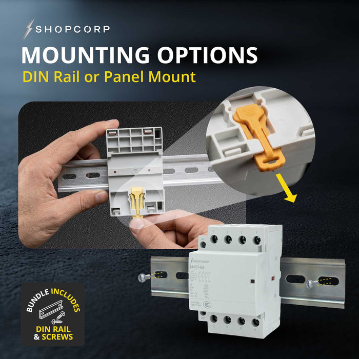Shopcorp 63 Amp 4 Pole Normally Open Contactor - IEC 400V - 110/120VAC Coil for HVAC Systems, AC, Motor Load, & Lighting - Mounting