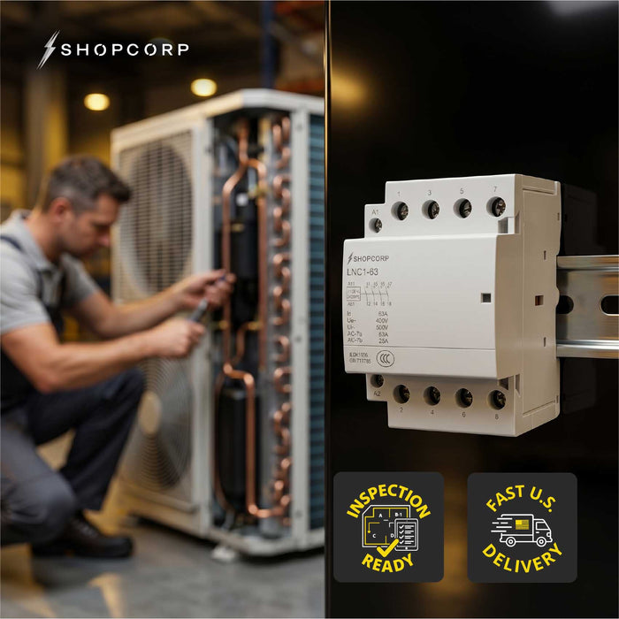 Shopcorp 63 Amp 4 Pole Normally Open Contactor - IEC 400V - 110/120VAC Coil for HVAC Systems, AC, Motor Load, & Lighting - Technical Lifestyle