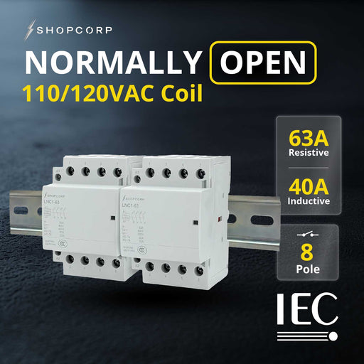 Shopcorp 63A 8 Pole (4x2) NO Contactor - 110/120VAC Coil, DIN Rail and Screws for HVAC, AC, Motor and Lighting NO