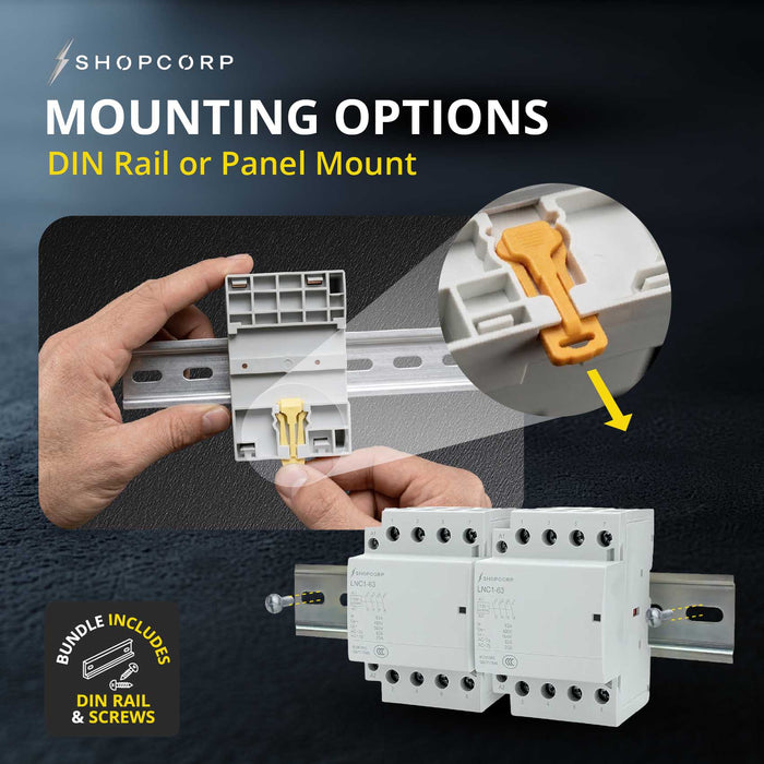 Shopcorp 63A 8 Pole (4x2) NO Contactor - 110/120VAC Coil, DIN Rail and Screws for HVAC, AC, Motor and Lighting - Mounting