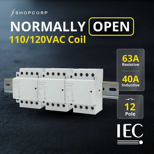 Shopcorp 63A 12 Pole (4x3) NO Contactor - IEC 400V - 110/120VAC Coil - with DIN Rail & Screws for HVAC, Motor & Lighting - NO