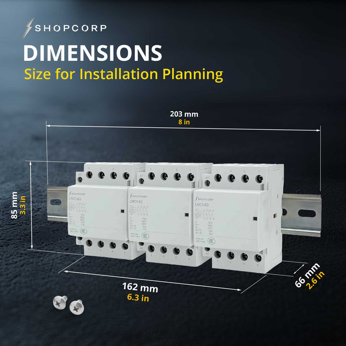 Shopcorp 63A 12 Pole (4x3) NO Contactor - IEC 400V - 110/120VAC Coil - with DIN Rail & Screws for HVAC, Motor & Lighting - Dimensions