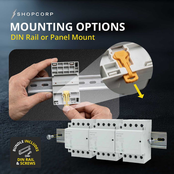 Shopcorp 63A 12 Pole (4x3) NO Contactor - IEC 400V - 110/120VAC Coil - with DIN Rail & Screws for HVAC, Motor & Lighting - Mounting