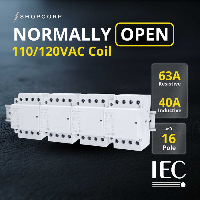 Shopcorp 63A 16 Pole (4x4) NO Contactor - IEC 400V 110/120VAC Coil - with DIN Rail & Screws for HVAC, Motor and Lighting - NO