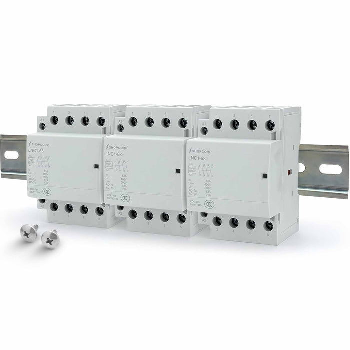 Shopcorp 63A 12 Pole (4x3) NO Contactor - IEC 400V - 110/120VAC Coil - with DIN Rail & Screws for HVAC, Motor & Lighting 