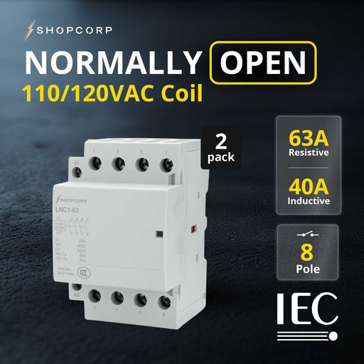 Shopcorp 63A 4 Pole NO IEC 400V Contactor - 110/120VAC Coil for HVAC, AC, Motor Load, and Lighting - 2 Pack NO