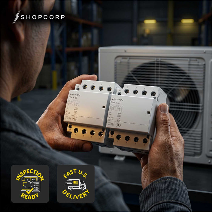 Shopcorp 63A 4 Pole NO IEC 400V Contactor - 110/120VAC Coil for HVAC, AC, Motor Load, and Lighting - 2 Pack NO - Technical Lifestyle