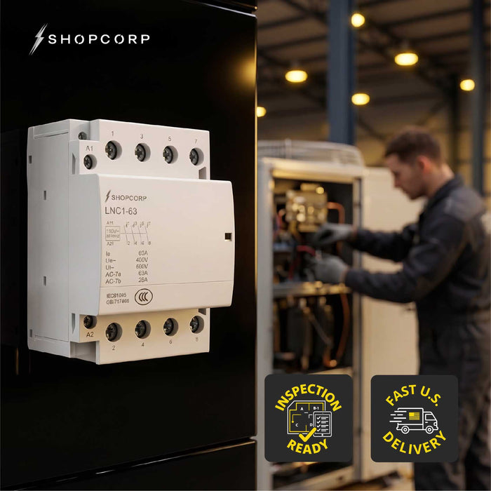 Shopcorp 63 Amp 4 Pole Normally Open Contactor - IEC 400V - 110/120VAC Coil for HVAC Systems, AC, Motor Load, & Lighting - Technical Lifestyle