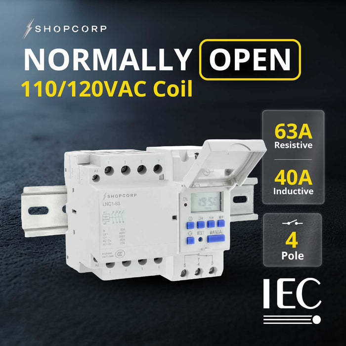 Shopcorp 40A 4 Pole NO Contactor - 110/120VAC Coil, with 24-7 Electronic Timer, DIN Rail and Screws for HVAC, AC, Motor Load and Lighting - NO