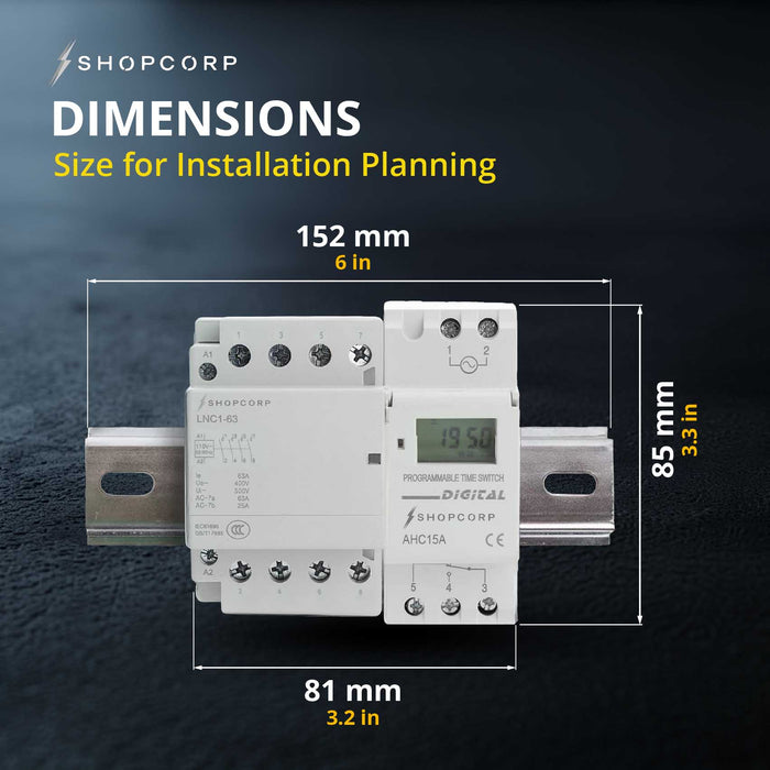 Shopcorp 40A 4 Pole NO Contactor - 110/120VAC Coil, with 24-7 Electronic Timer, DIN Rail and Screws for HVAC, AC, Motor Load and Lighting - Dimensions