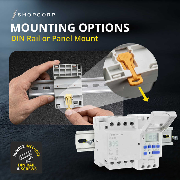 Shopcorp 40A 4 Pole NO Contactor - 110/120VAC Coil, with 24-7 Electronic Timer, DIN Rail and Screws for HVAC, AC, Motor Load and Lighting - Mounting