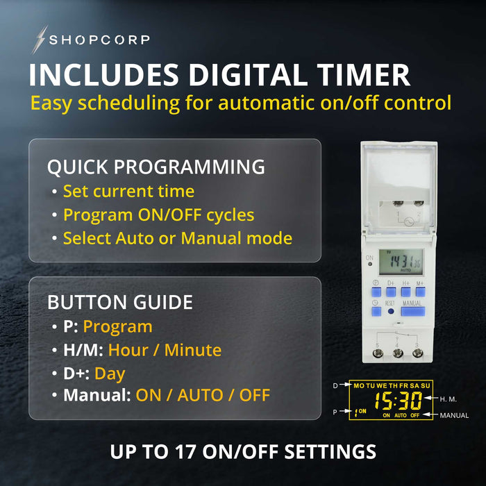 Shopcorp 40A 4 Pole NO Contactor - 110/120VAC Coil, with 24-7 Electronic Timer, DIN Rail and Screws for HVAC, AC, Motor Load and Lighting - Timer