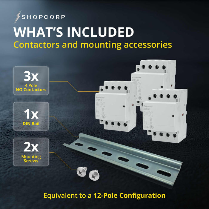 Shopcorp 63A 12 Pole (4x3) NO Contactor - IEC 400V - 110/120VAC Coil - with DIN Rail & Screws for HVAC, Motor & Lighting - Whats Included