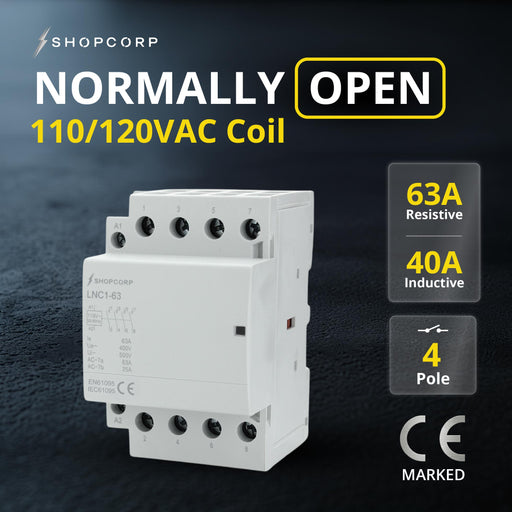 Shopcorp 63A 4 Pole NO IEC 400V Contactor - 110/120VAC Coil for HVAC, AC, Motor Load, and Lighting - NO