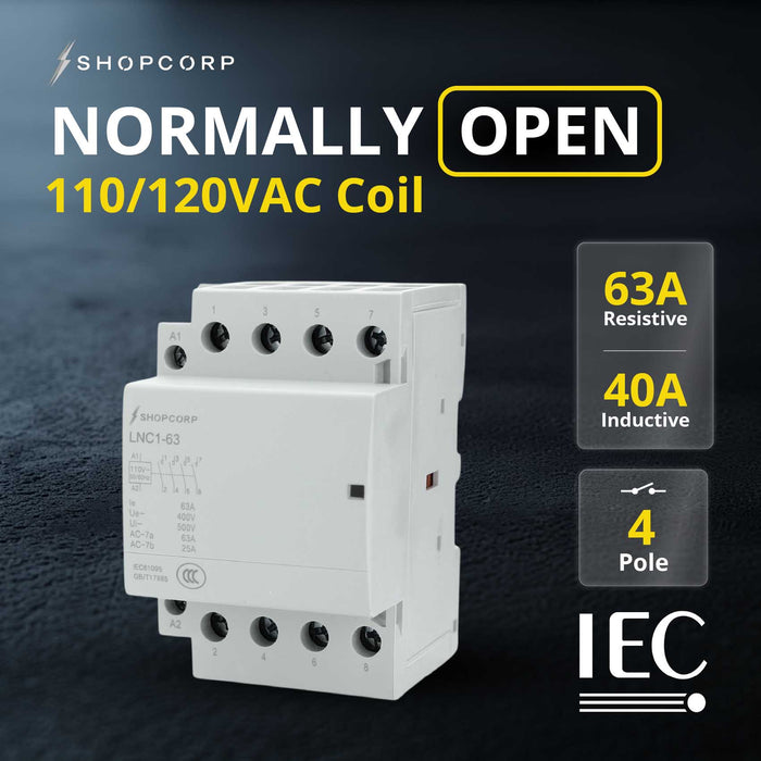 Shopcorp 63A 4 Pole NO IEC 400V Contactor - 110/120VAC Coil for HVAC, AC, Motor Load, and Lighting - NO