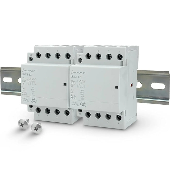 Shopcorp 63A 8 Pole (4x2) NO Contactor - 110/120VAC Coil, DIN Rail and Screws for HVAC, AC, Motor and Lighting
