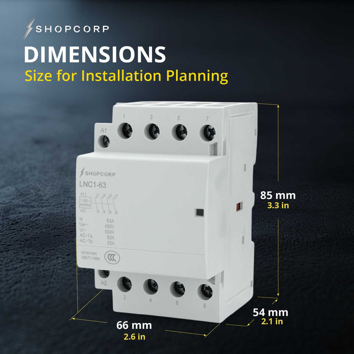 Shopcorp 60A 4 Pole NO Contactor - IEC 400V - 110/120VAC Coil  for HVAC, Motor & Lighting - Dimensions