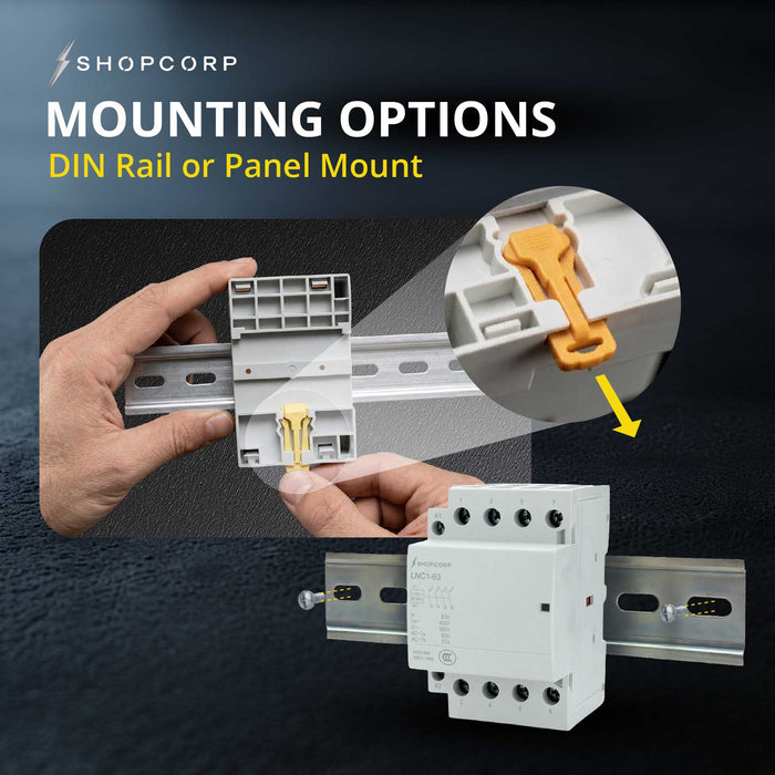 Shopcorp 60A 4 Pole NO Contactor - IEC 400V - 110/120VAC Coil  for HVAC, Motor & Lighting - Mounting