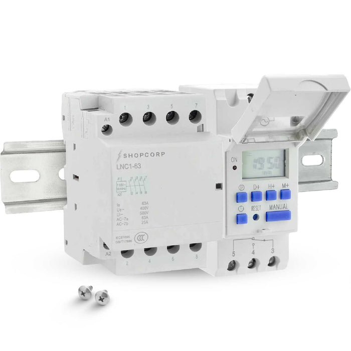 Shopcorp 40A 4 Pole NO Contactor - 110/120VAC Coil, with 24-7 Electronic Timer, DIN Rail and Screws for HVAC, AC, Motor Load and Lighting