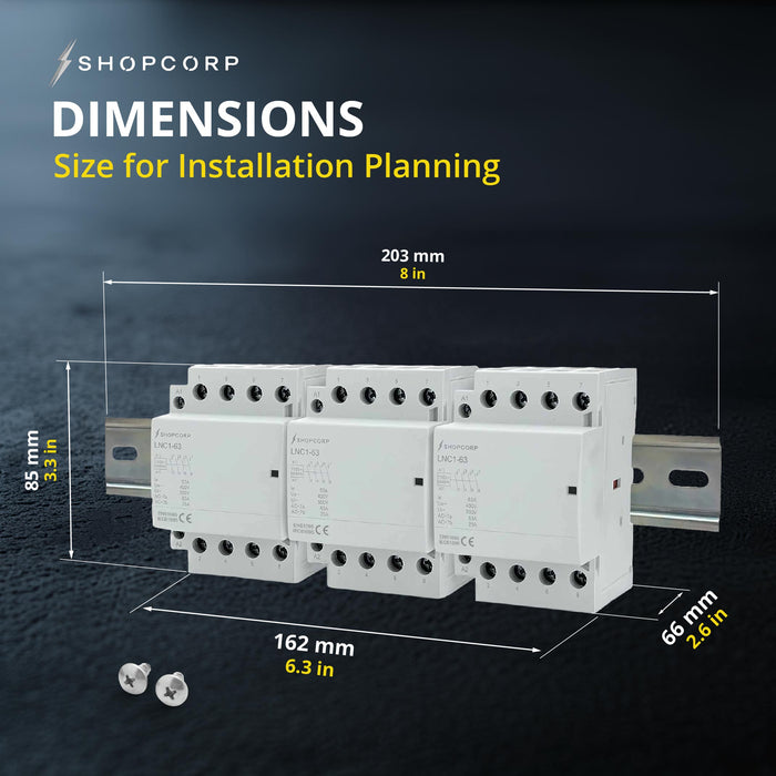 Shopcorp 63A 12 Pole (4x3) NO Contactor - IEC 400V - 110/120VAC Coil - with DIN Rail & Screws for HVAC, Motor & Lighting - Dimensions