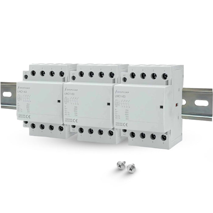 Shopcorp 63A 12 Pole (4x3) NO Contactor - IEC 400V - 110/120VAC Coil - with DIN Rail & Screws for HVAC, Motor & Lighting 