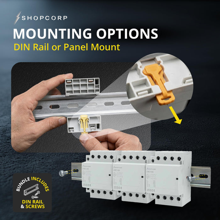 Shopcorp 63A 12 Pole (4x3) NO Contactor - IEC 400V - 110/120VAC Coil - with DIN Rail & Screws for HVAC, Motor & Lighting - Mounting