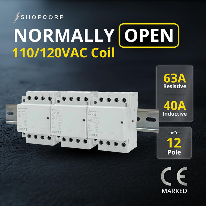 Shopcorp 63A 12 Pole (4x3) NO Contactor - IEC 400V - 110/120VAC Coil - with DIN Rail & Screws for HVAC, Motor & Lighting - NO