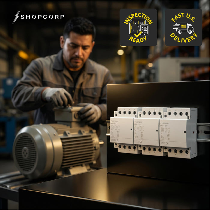 Shopcorp 63A 12 Pole (4x3) NO Contactor - IEC 400V - 110/120VAC Coil - with DIN Rail & Screws for HVAC, Motor & Lighting - Technical Lifestyle