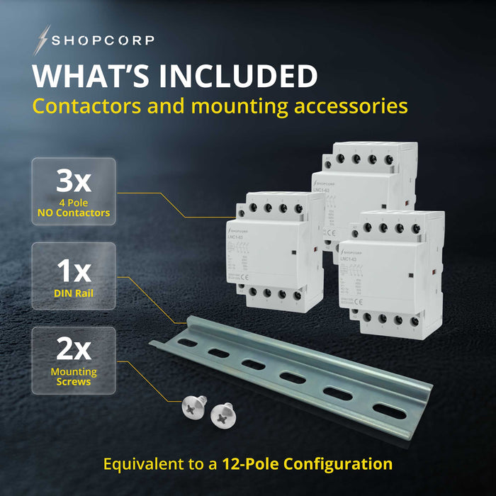Shopcorp 63A 12 Pole (4x3) NO Contactor - IEC 400V - 110/120VAC Coil - with DIN Rail & Screws for HVAC, Motor & Lighting - Whats Included
