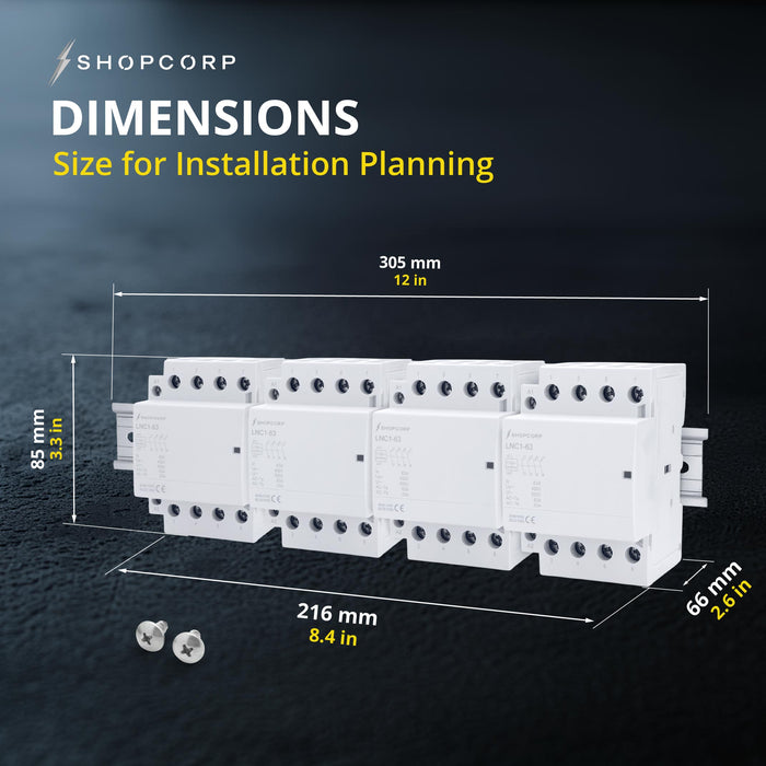 Shopcorp 63A 16 Pole (4x4) NO Contactor - IEC 400V 110/120VAC Coil - with DIN Rail & Screws for HVAC, Motor and Lighting - Dimensions