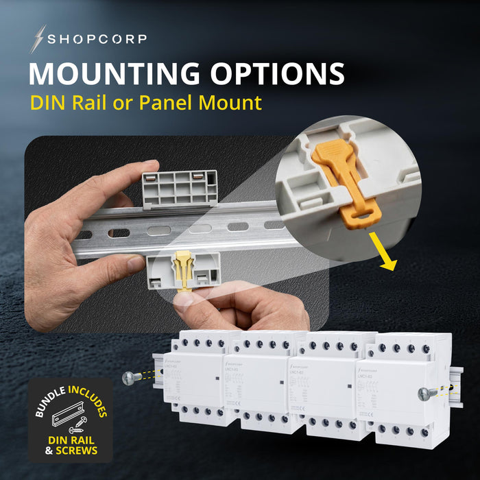 Shopcorp 63A 16 Pole (4x4) NO Contactor - IEC 400V 110/120VAC Coil - with DIN Rail & Screws for HVAC, Motor and Lighting - Mounting