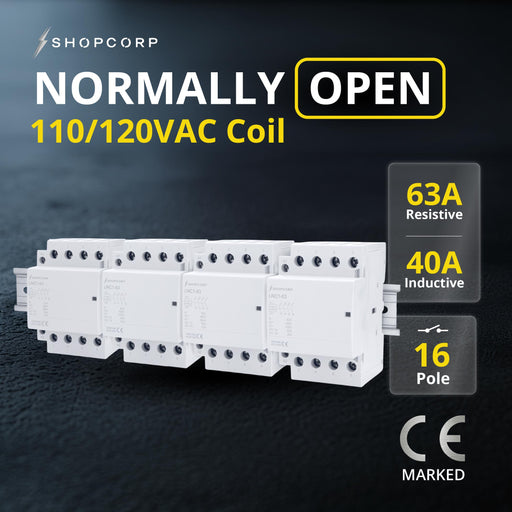 Shopcorp 63A 16 Pole (4x4) NO Contactor - IEC 400V 110/120VAC Coil - with DIN Rail & Screws for HVAC, Motor and Lighting - NO