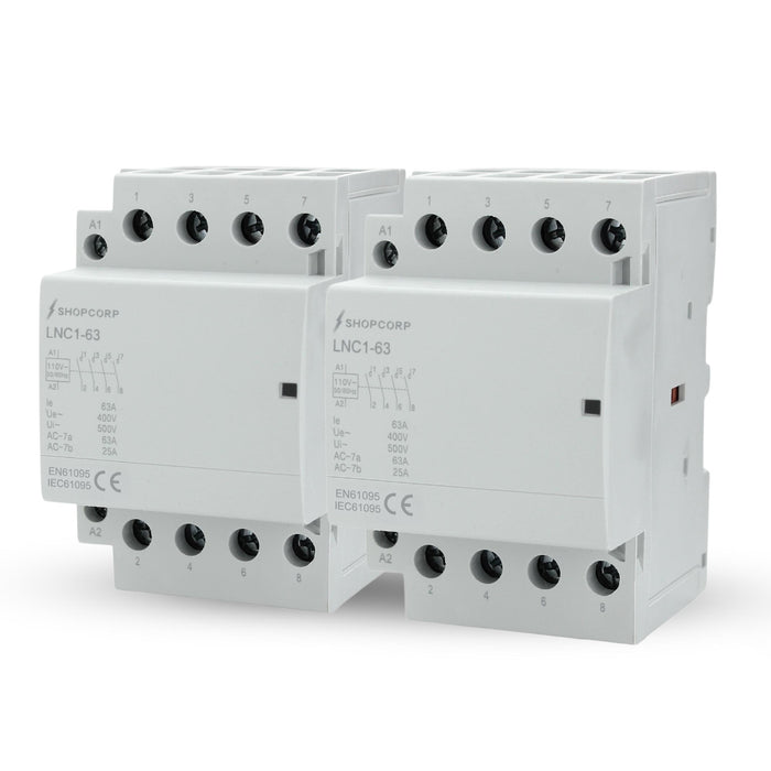 Shopcorp 63A 4 Pole NO IEC 400V Contactor - 110/120VAC Coil for HVAC, AC, Motor Load, and Lighting - 2 Pack