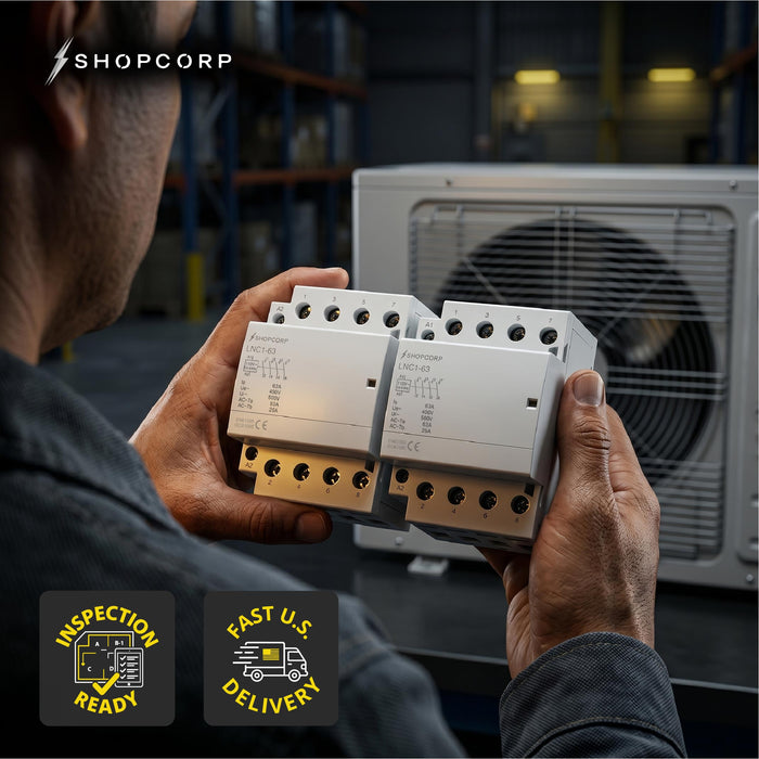 Shopcorp 63A 4 Pole NO IEC 400V Contactor - 110/120VAC Coil for HVAC, AC, Motor Load, and Lighting - 2 Pack NO - Technical Lifestyle