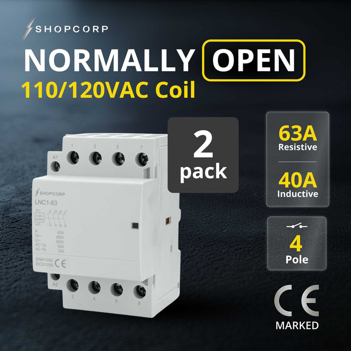 Shopcorp 63A 4 Pole NO IEC 400V Contactor - 110/120VAC Coil for HVAC, AC, Motor Load, and Lighting - 2 Pack NO