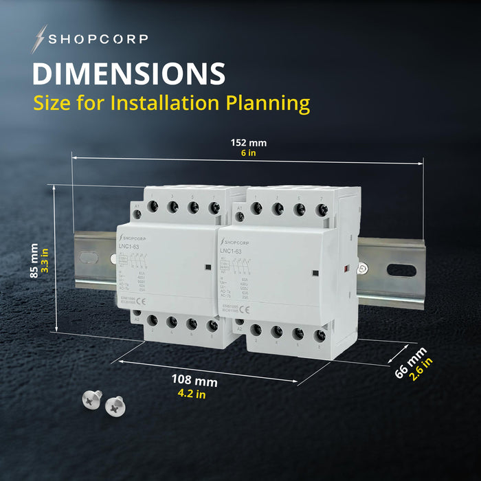 Shopcorp 63A 8 Pole (4x2) NO Contactor - 110/120VAC Coil, DIN Rail and Screws for HVAC, AC, Motor and Lighting - Dimension