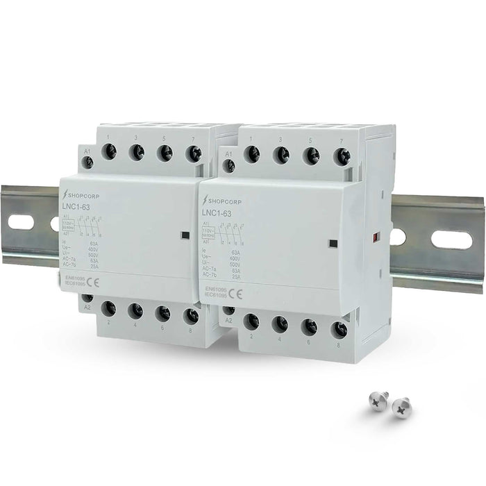 Shopcorp 63A 8 Pole (4x2) NO Contactor - 110/120VAC Coil, DIN Rail and Screws for HVAC, AC, Motor and Lighting